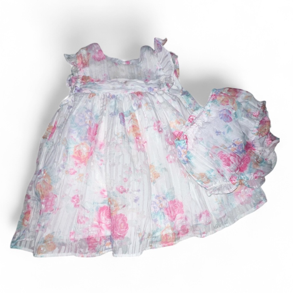 George George Baby Pastel Floral Dress & Bonnet Set White Pink Blue 6-9M